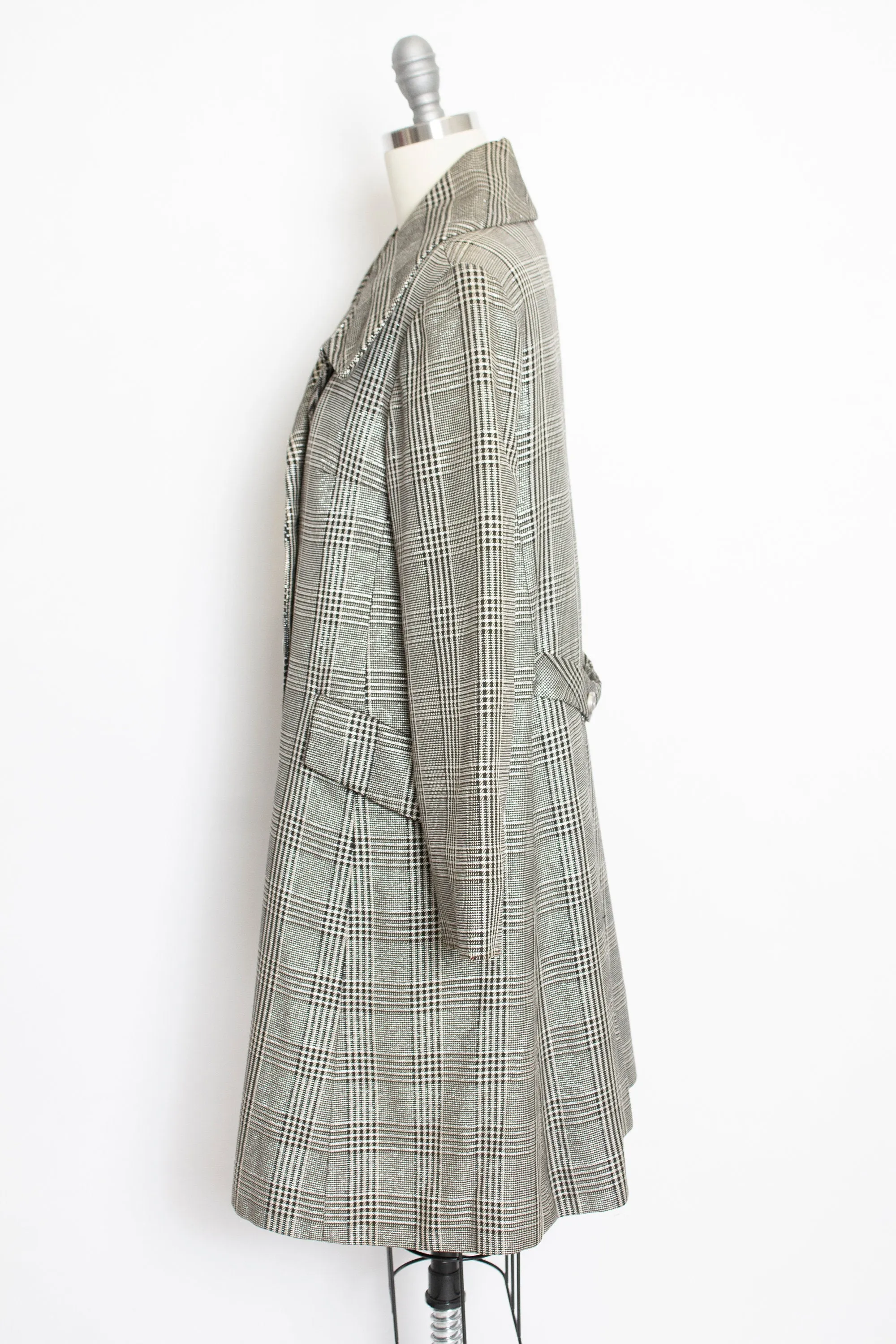 1960s Coat Metallic Black Silver Metallic Plaid Mod M