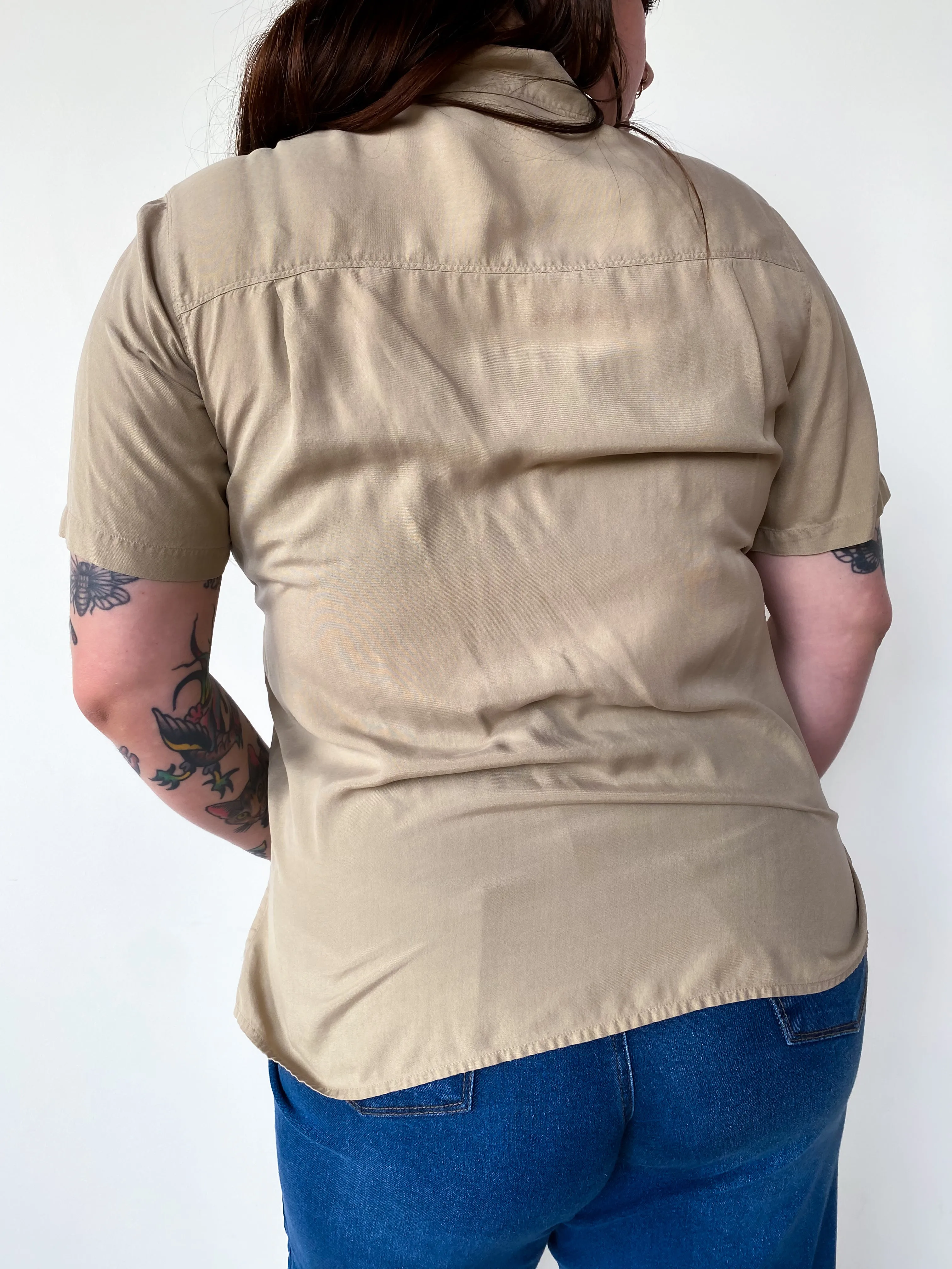 1990s Khaki Silk Top, sz. 1X