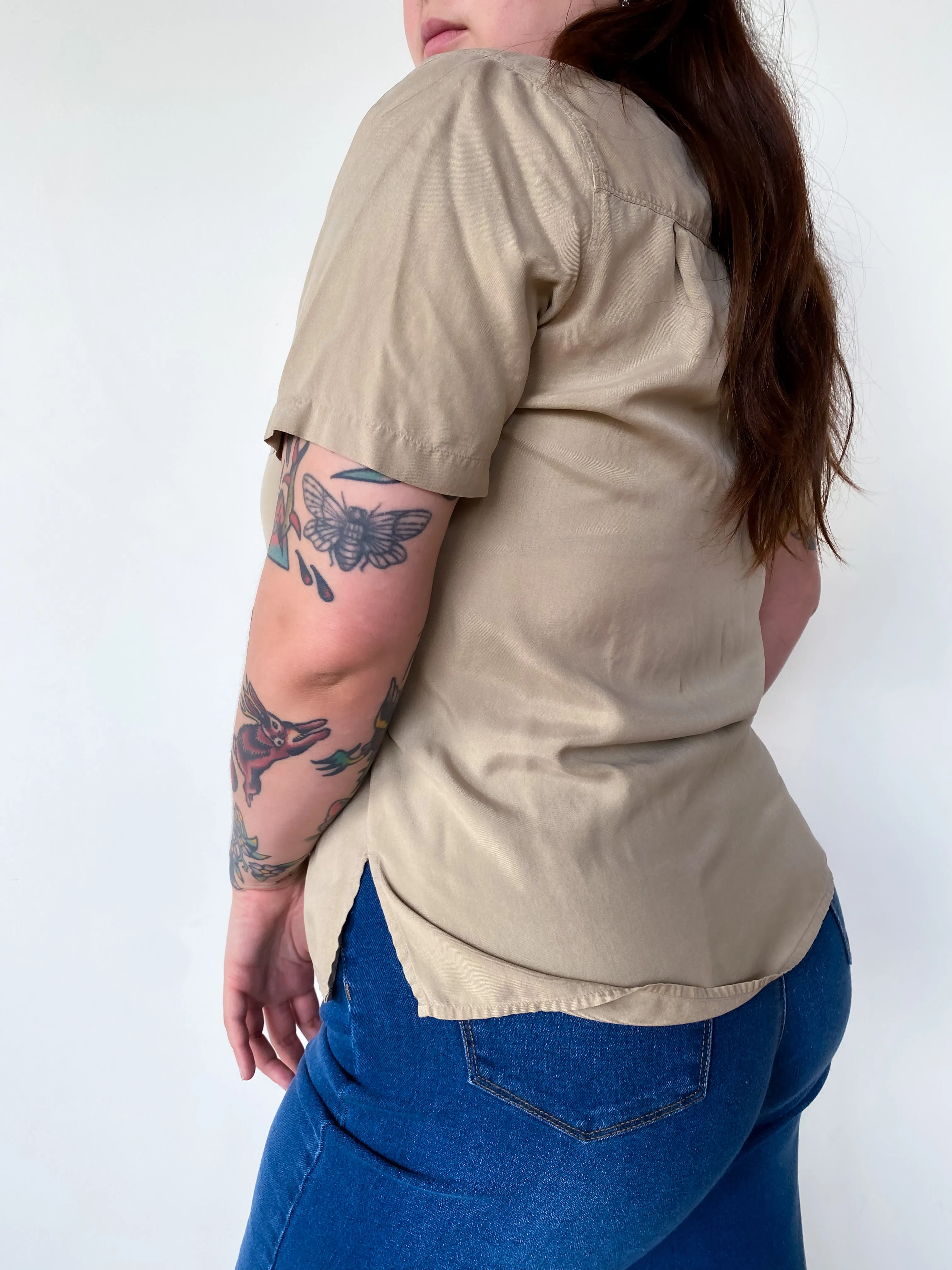 1990s Khaki Silk Top, sz. 1X