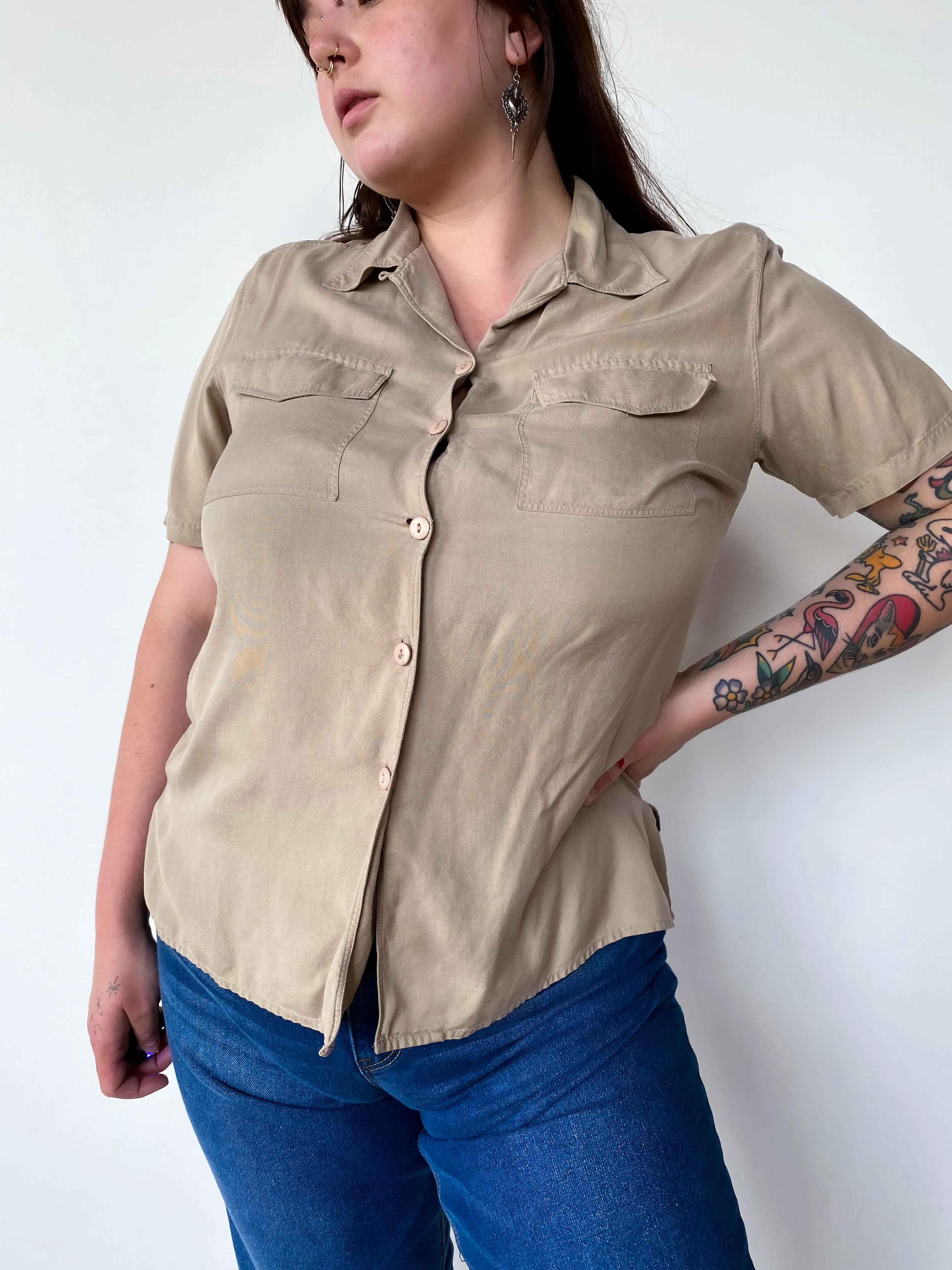 1990s Khaki Silk Top, sz. 1X