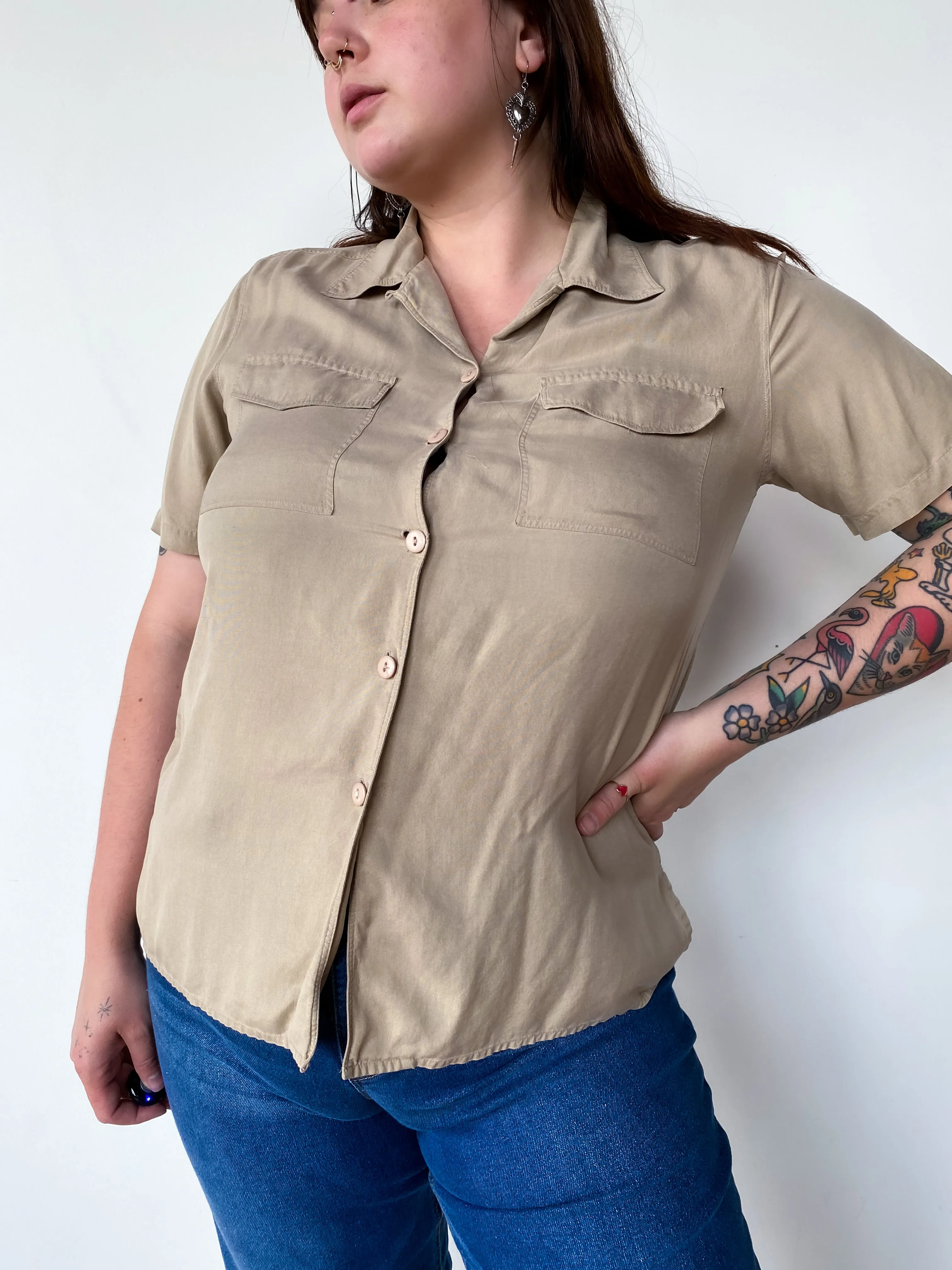 1990s Khaki Silk Top, sz. 1X