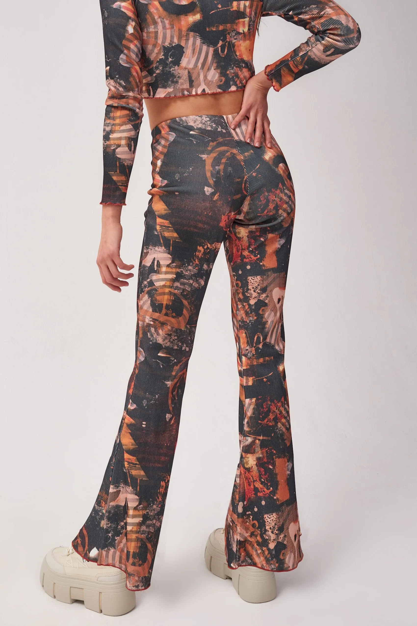 Abstract Burn Print Ribbed Flared Trousers