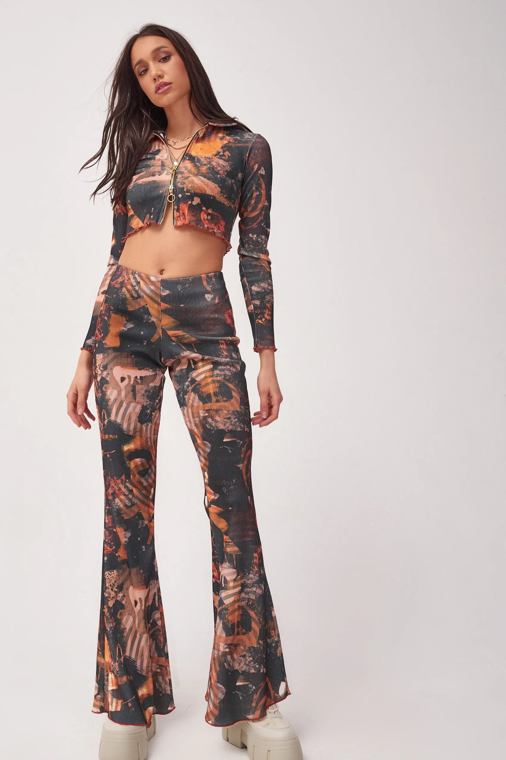 Abstract Burn Print Ribbed Flared Trousers