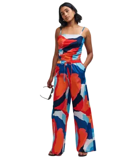 Abstract Print Wide Leg Drawstring Beach Trousers - Multi