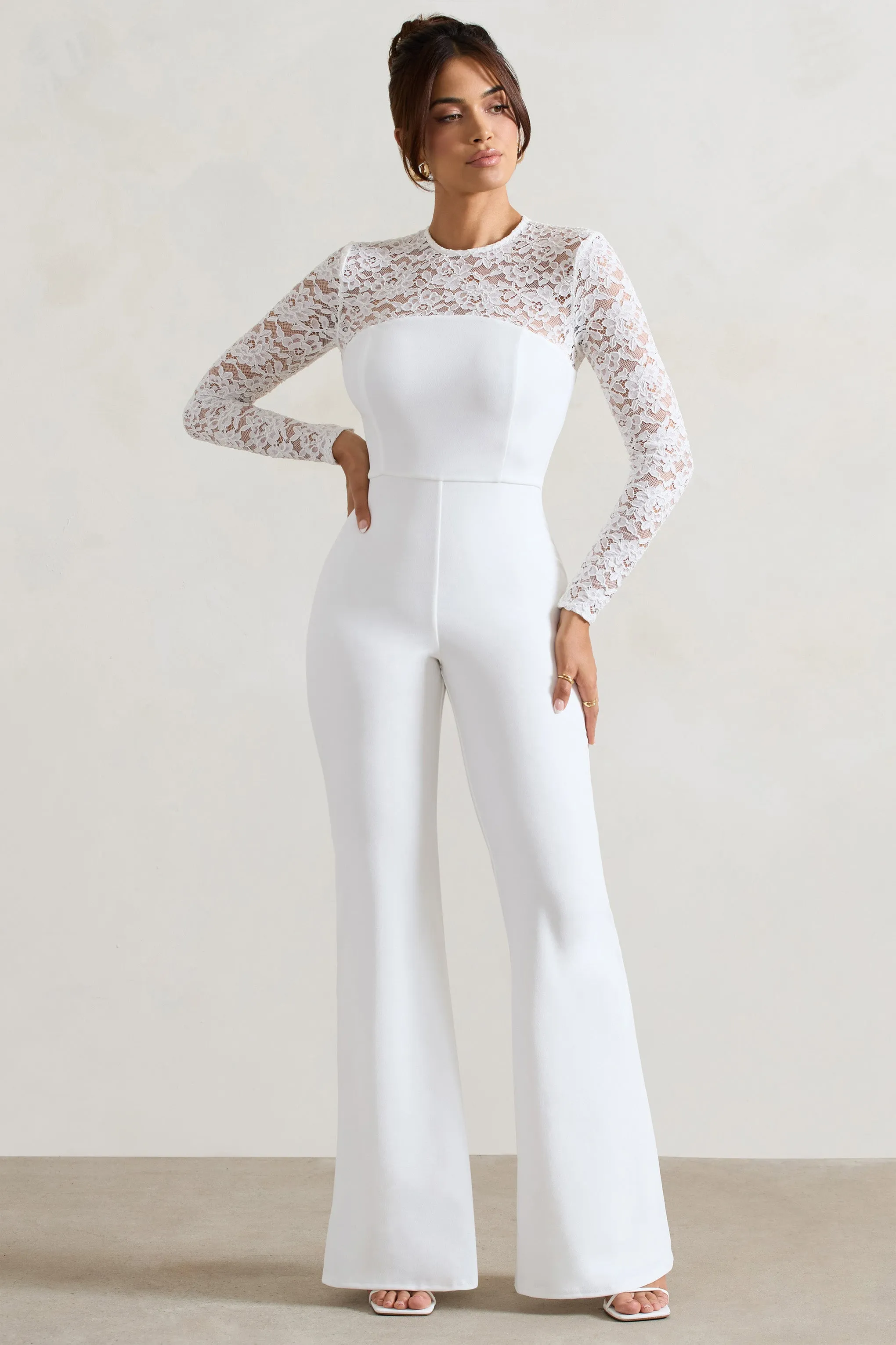 Amari | White Lace Long-Sleeve Flared-Leg Jumpsuit