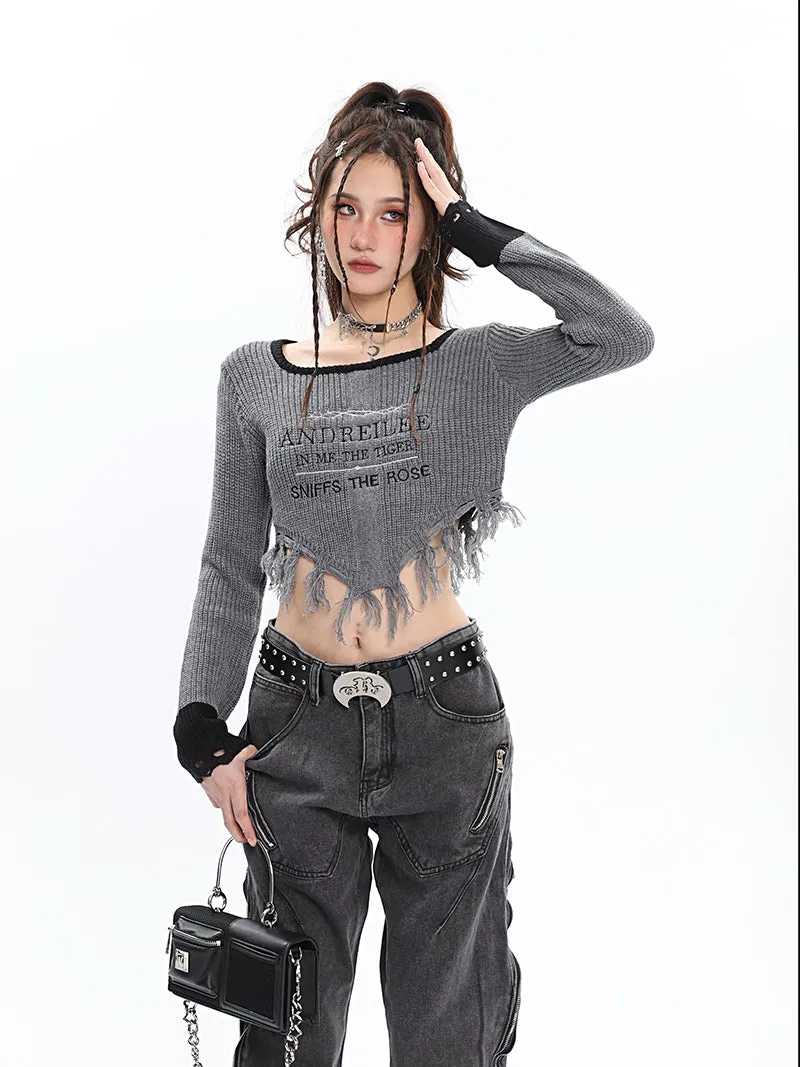 ANDREILEE Letter Embroidery Distressed Tassel Long Sleeve Cropped Sweater Top