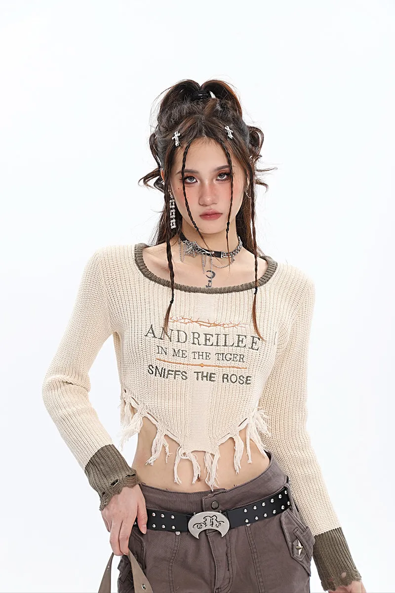 ANDREILEE Letter Embroidery Distressed Tassel Long Sleeve Cropped Sweater Top