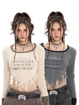 ANDREILEE Letter Embroidery Distressed Tassel Long Sleeve Cropped Sweater Top