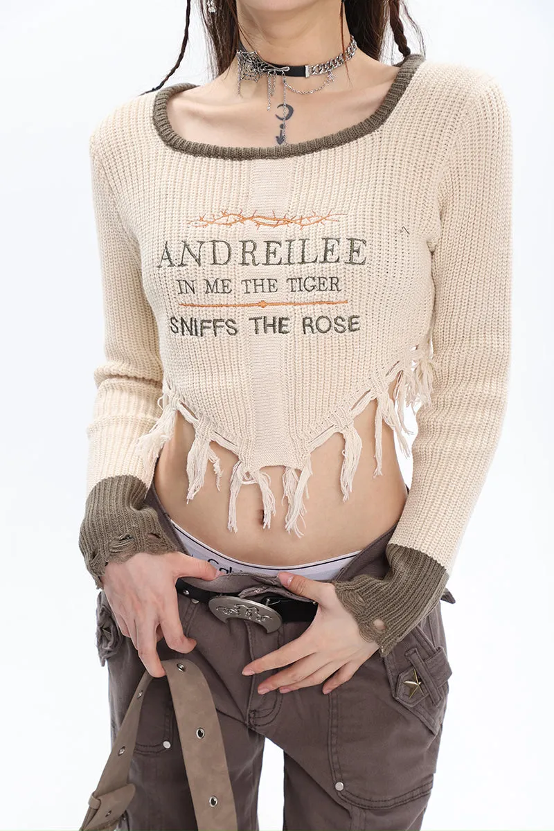 ANDREILEE Letter Embroidery Distressed Tassel Long Sleeve Cropped Sweater Top