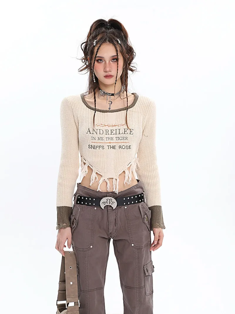 ANDREILEE Letter Embroidery Distressed Tassel Long Sleeve Cropped Sweater Top