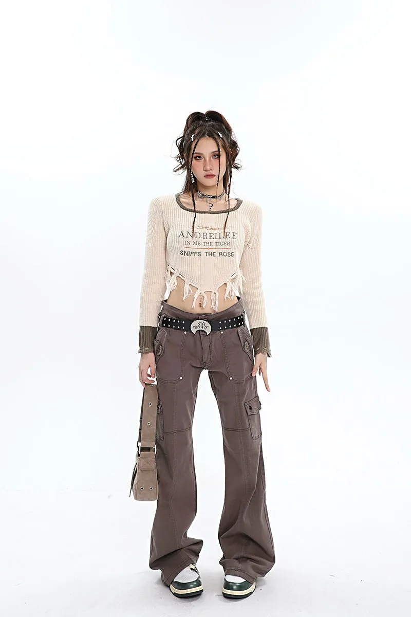 ANDREILEE Letter Embroidery Distressed Tassel Long Sleeve Cropped Sweater Top