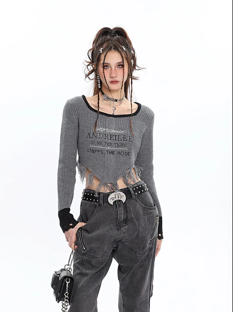 ANDREILEE Letter Embroidery Distressed Tassel Long Sleeve Cropped Sweater Top