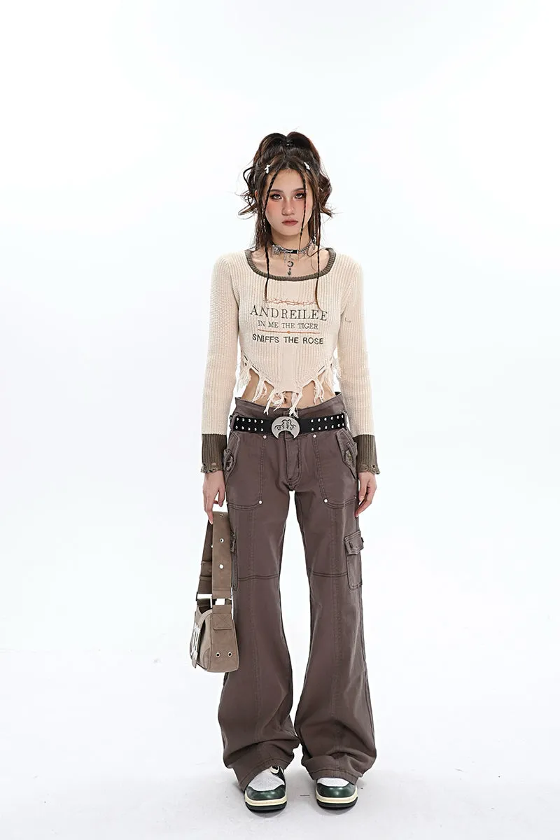 ANDREILEE Letter Embroidery Distressed Tassel Long Sleeve Cropped Sweater Top