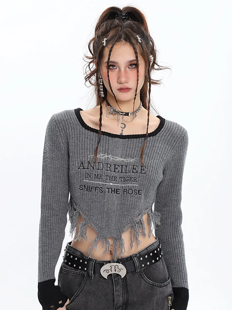 ANDREILEE Letter Embroidery Distressed Tassel Long Sleeve Cropped Sweater Top