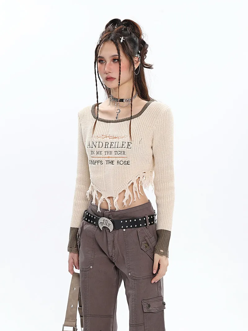 ANDREILEE Letter Embroidery Distressed Tassel Long Sleeve Cropped Sweater Top