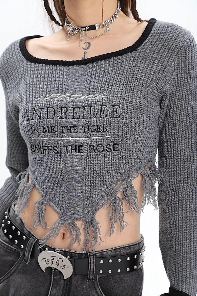 ANDREILEE Letter Embroidery Distressed Tassel Long Sleeve Cropped Sweater Top