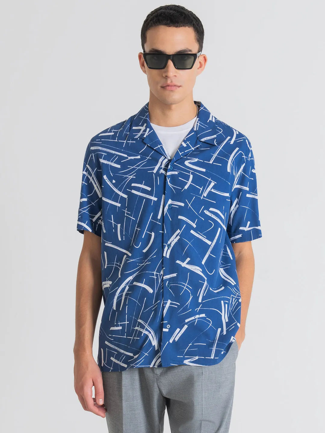 Antony Morato Blue Printed Straight Fit Shirt