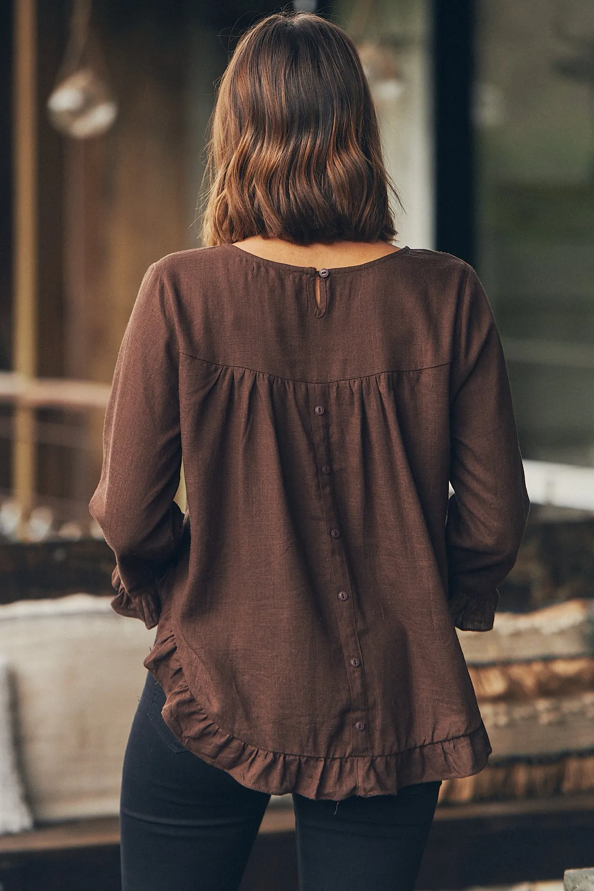 Aries Long Sleeve Chocolate Brown Linen Top