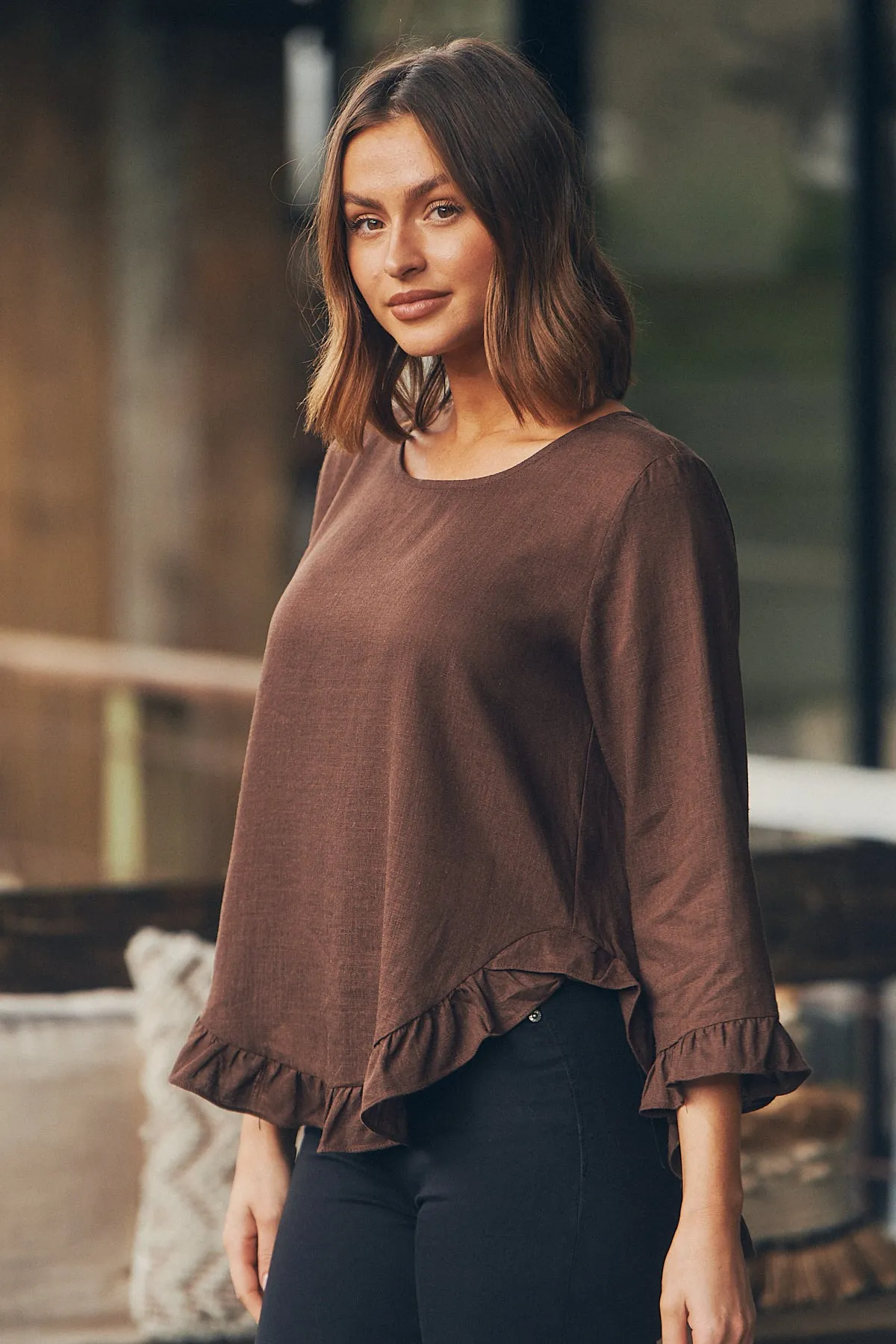 Aries Long Sleeve Chocolate Brown Linen Top