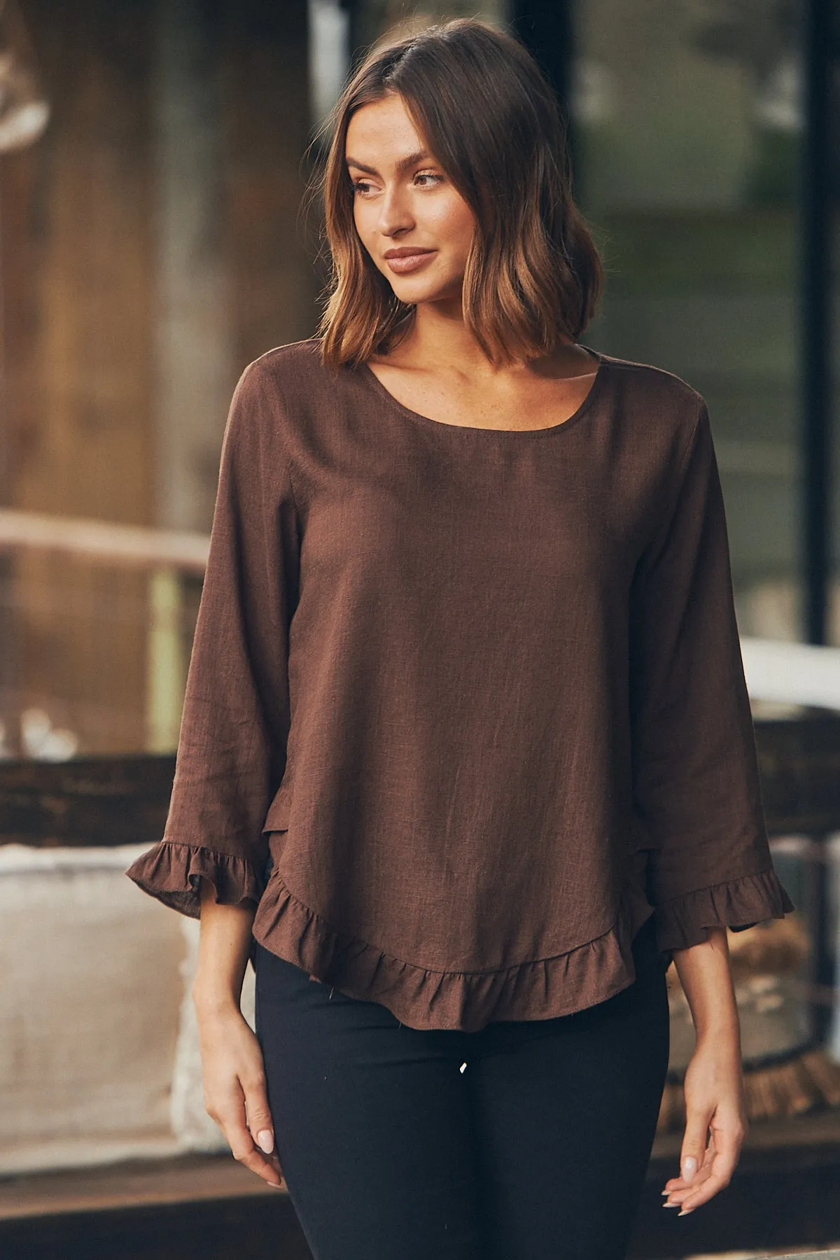 Aries Long Sleeve Chocolate Brown Linen Top