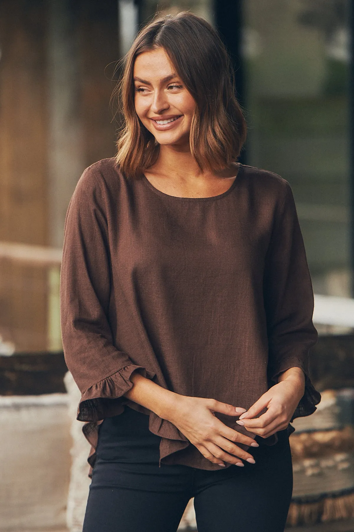 Aries Long Sleeve Chocolate Brown Linen Top