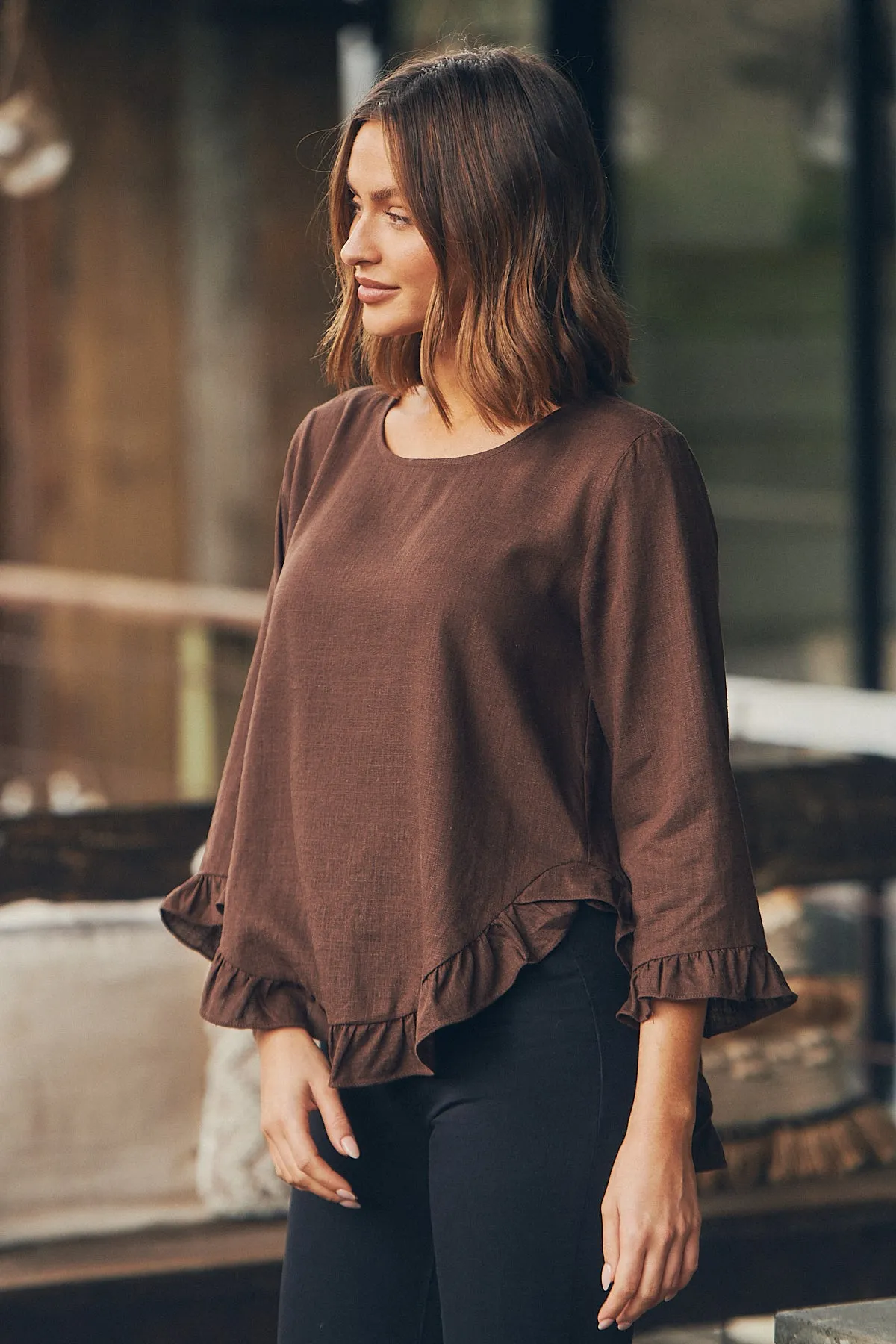 Aries Long Sleeve Chocolate Brown Linen Top