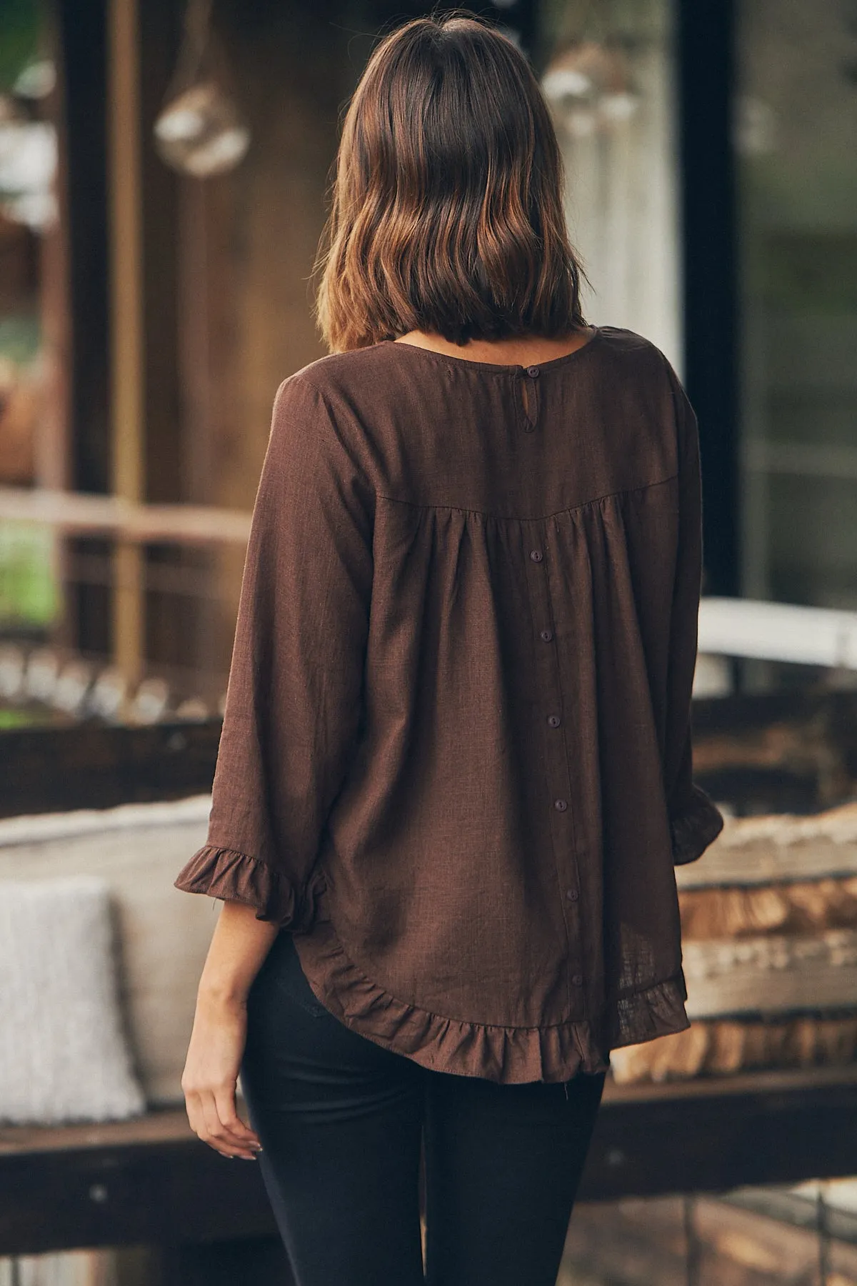 Aries Long Sleeve Chocolate Brown Linen Top