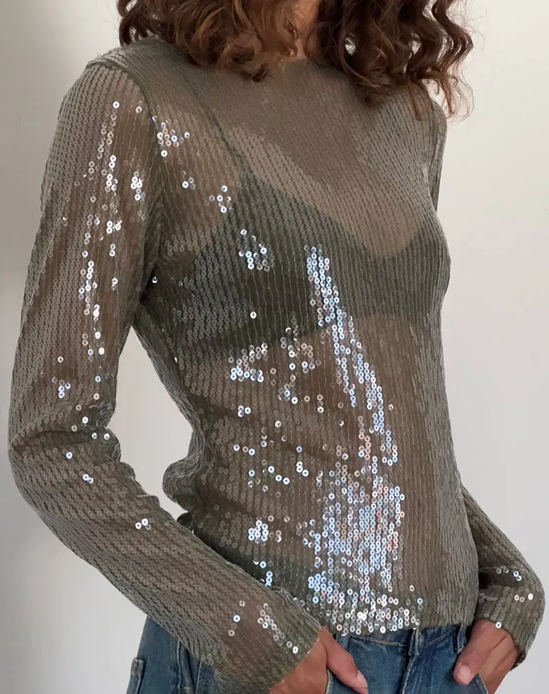 Ashram Top in Clear Khaki Green Sequin