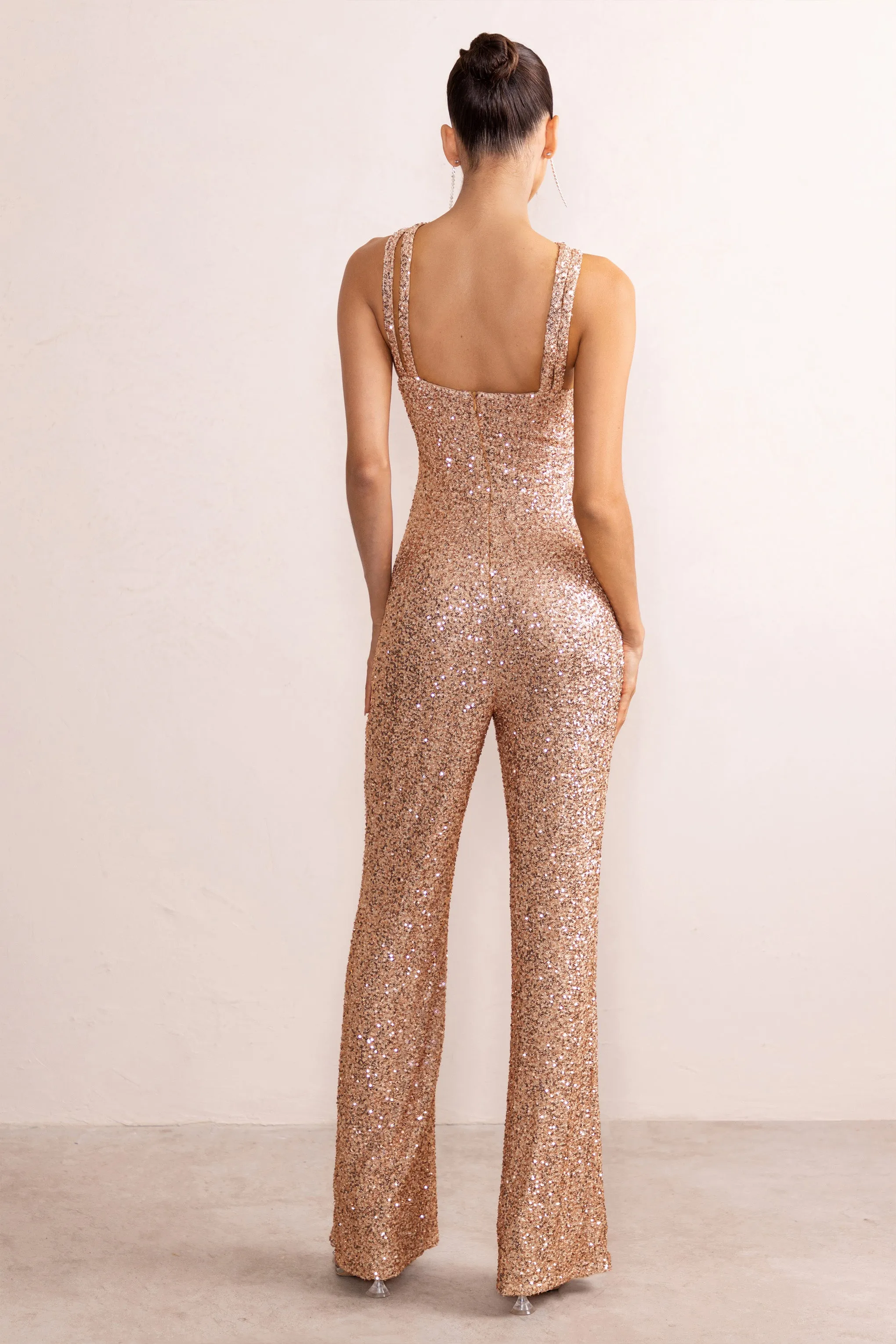 Audrey | Champagne Sequin Cross Front Flared Leg Jumpsuit With Keyhole Detail