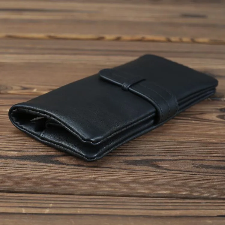 Black Leather Men's Bifold Long Wallet with Coin Pocket Billfold Wallet Card Wallet For Men