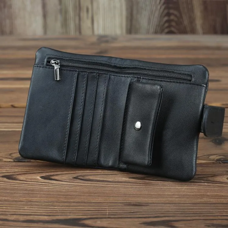 Black Leather Men's Bifold Long Wallet with Coin Pocket Billfold Wallet Card Wallet For Men