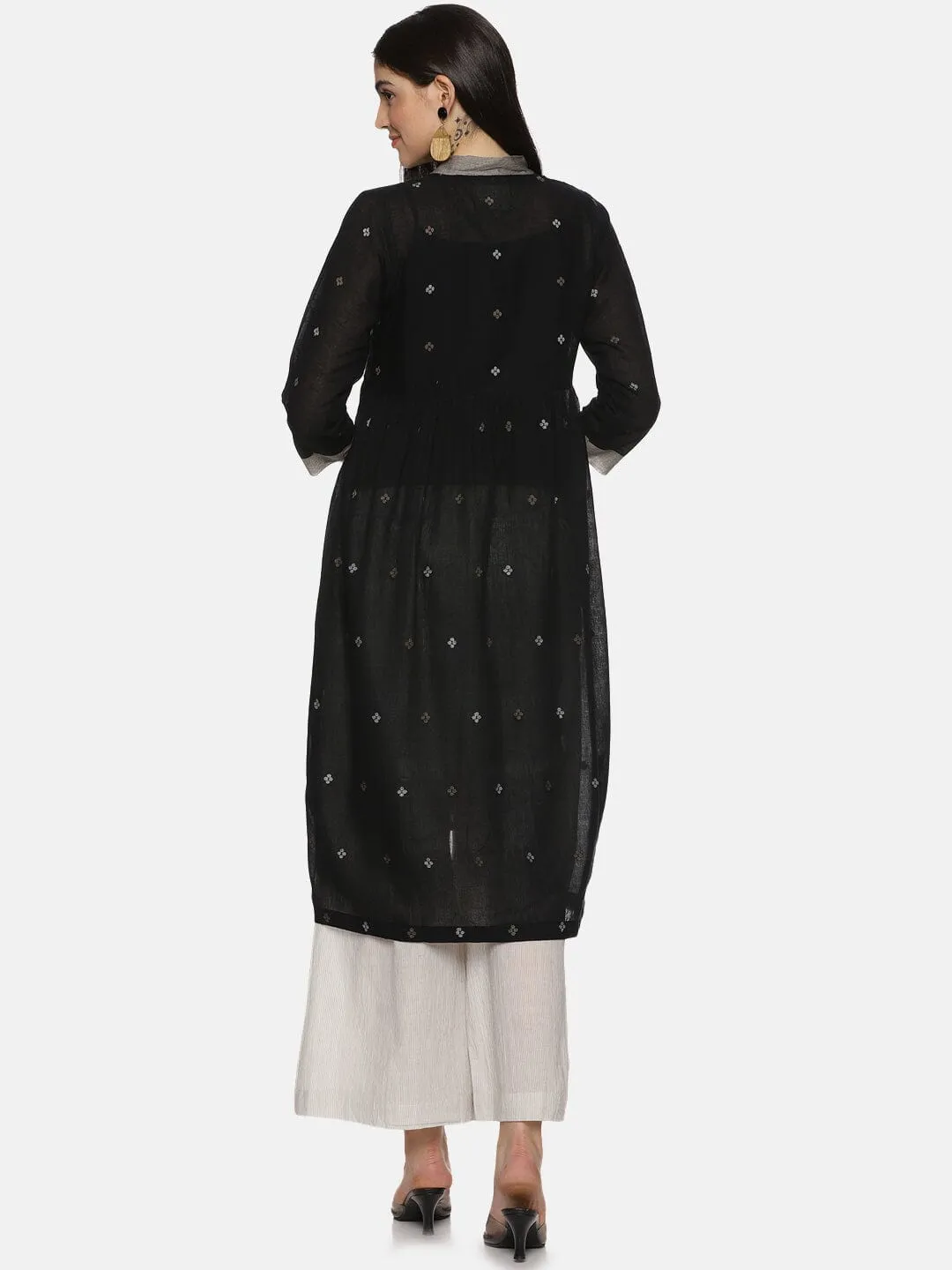 Black Muslin Cotton Jamdani Gather Dress with Trouser