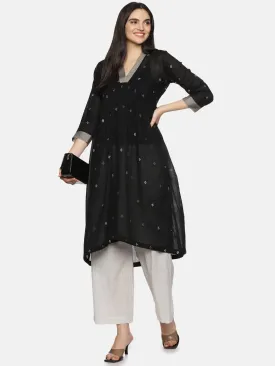 Black Muslin Cotton Jamdani Gather Dress with Trouser