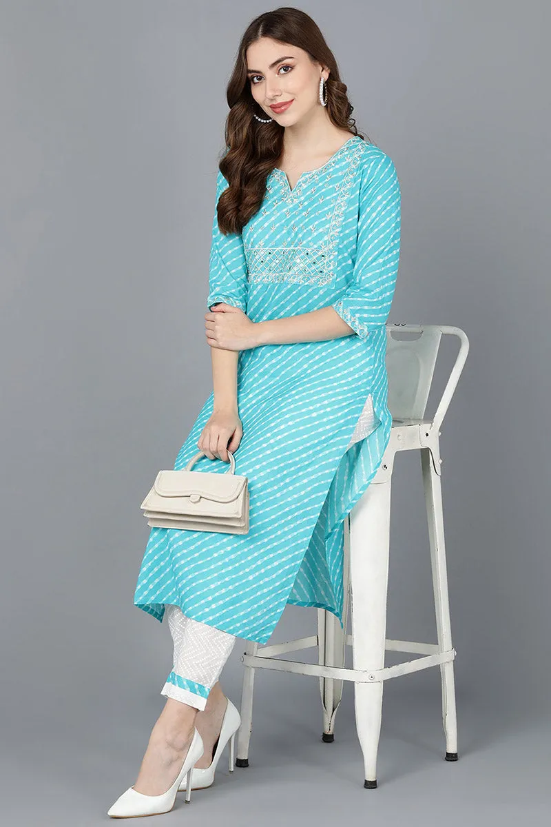 Blue Cotton Leheriya Straight Kurta Set