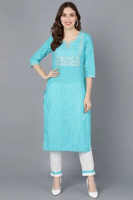 Blue Cotton Leheriya Straight Kurta Set