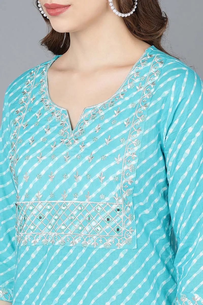 Blue Cotton Leheriya Straight Kurta Set