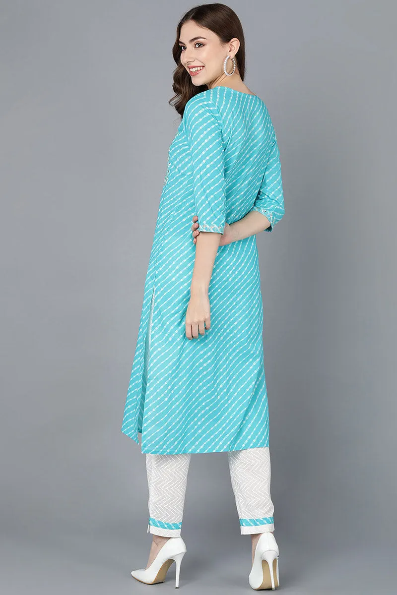 Blue Cotton Leheriya Straight Kurta Set