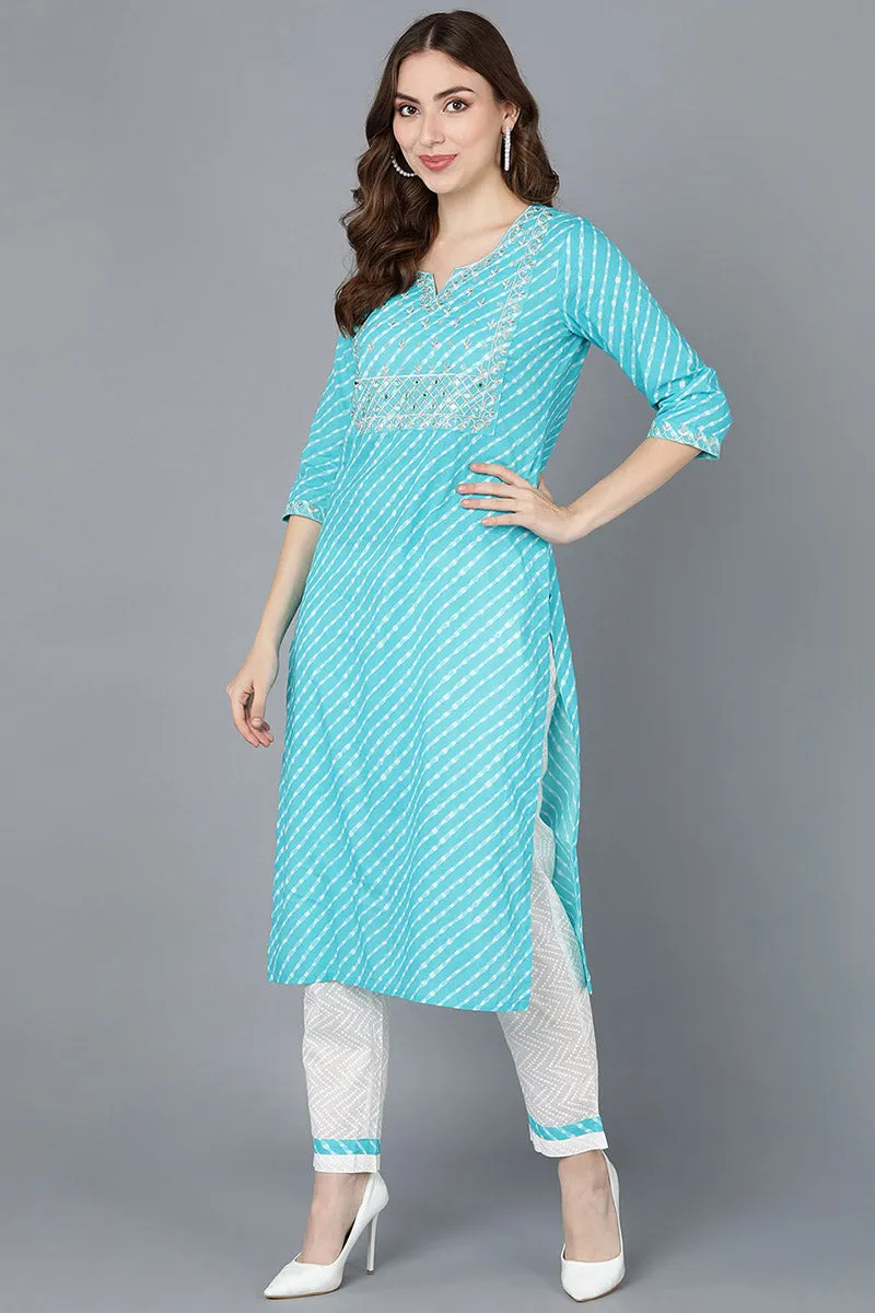 Blue Cotton Leheriya Straight Kurta Set