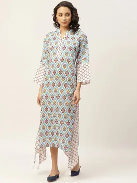 Blue Floral Neck Band Kaftan