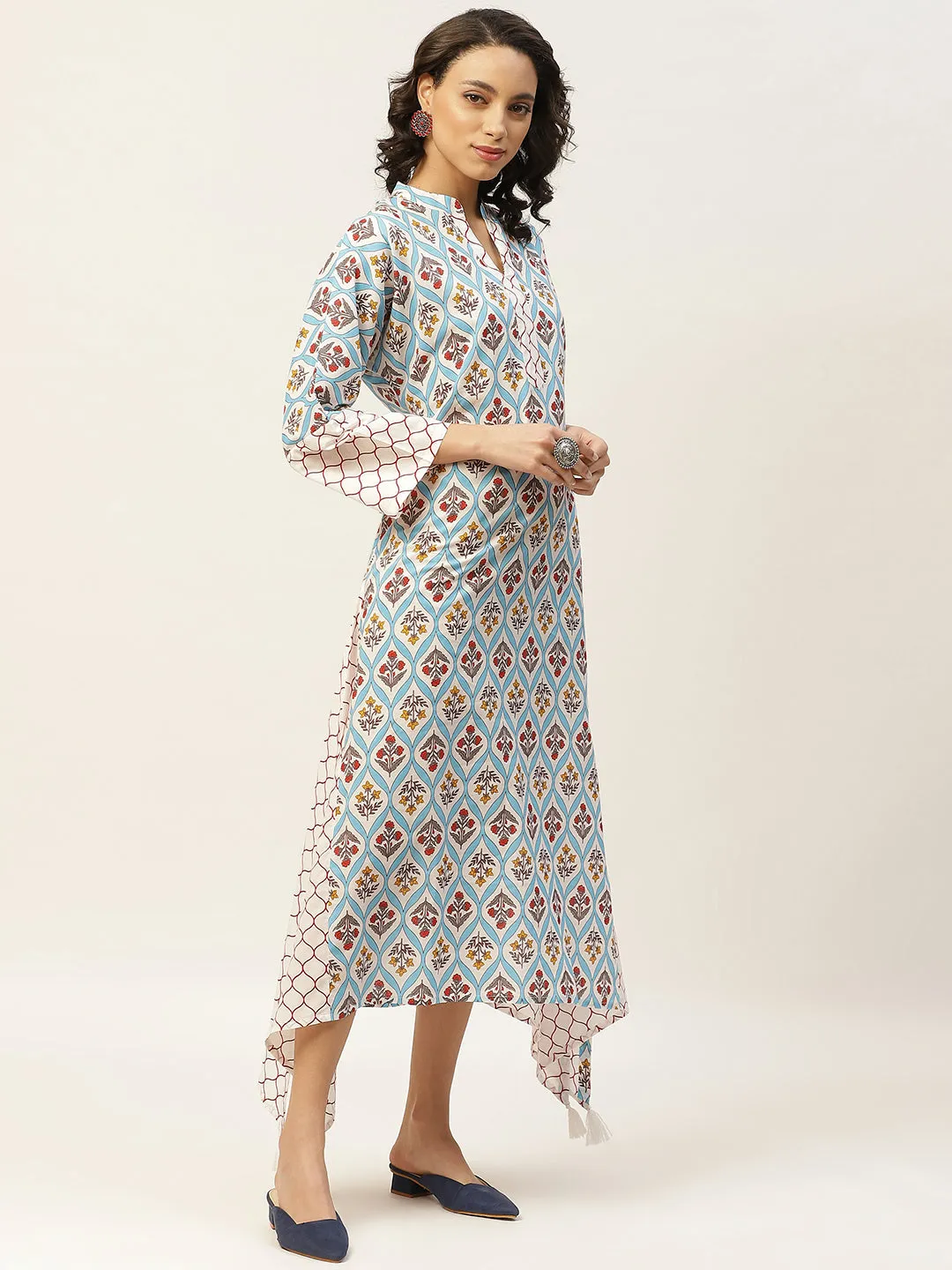 Blue Floral Neck Band Kaftan