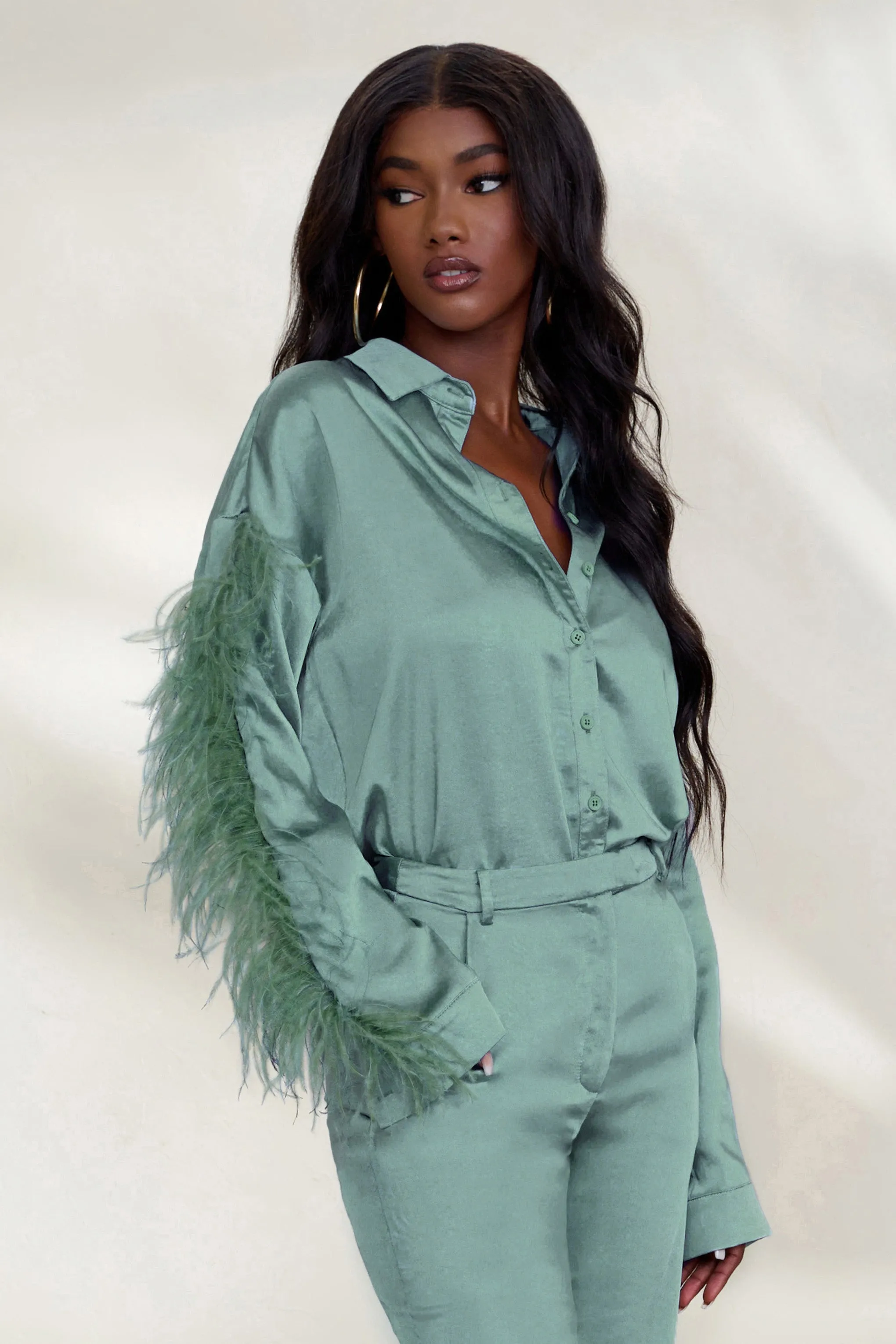 Catch My Eye | Duck Egg Blue Feather Sleeve Satin Shirt