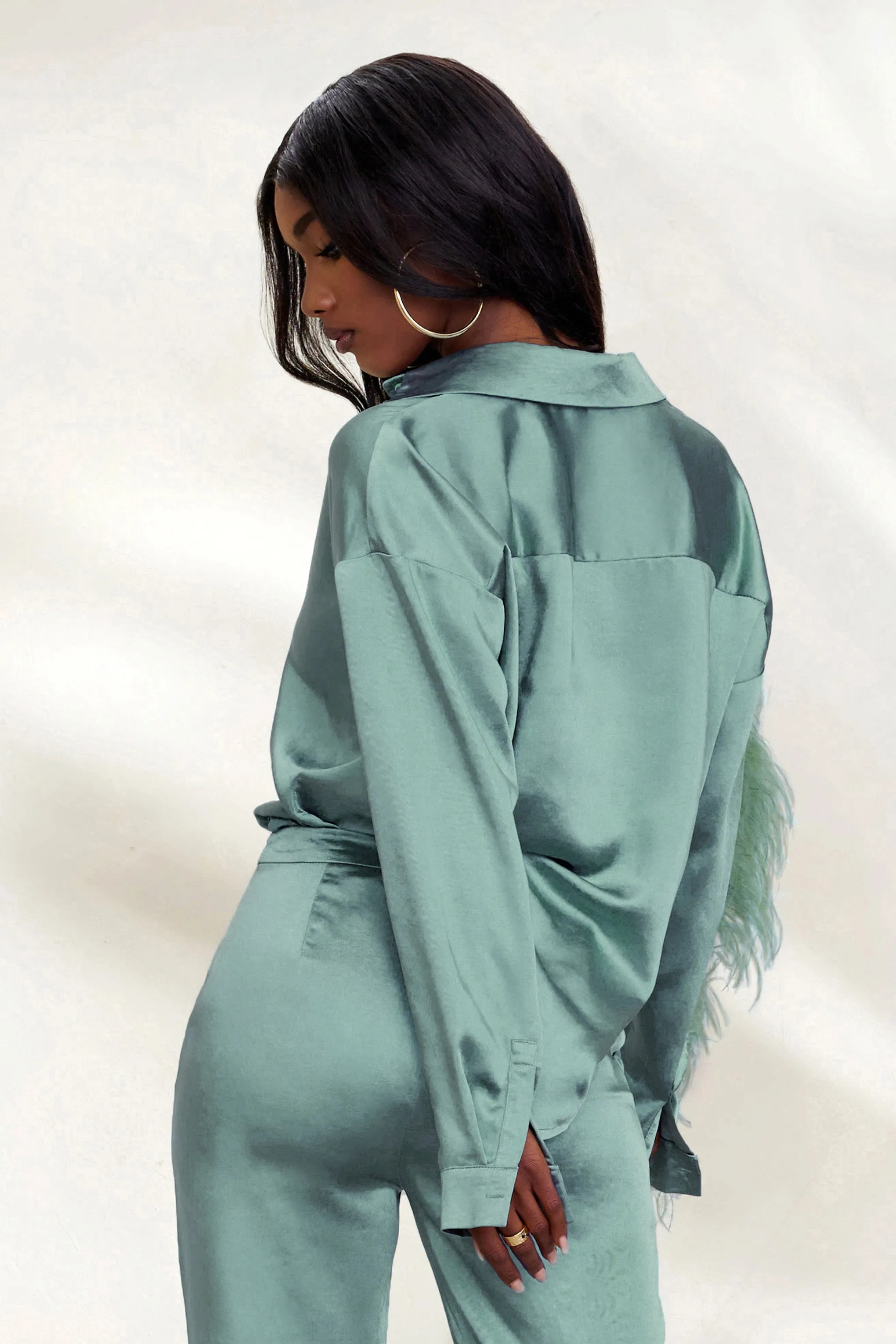 Catch My Eye | Duck Egg Blue Feather Sleeve Satin Shirt