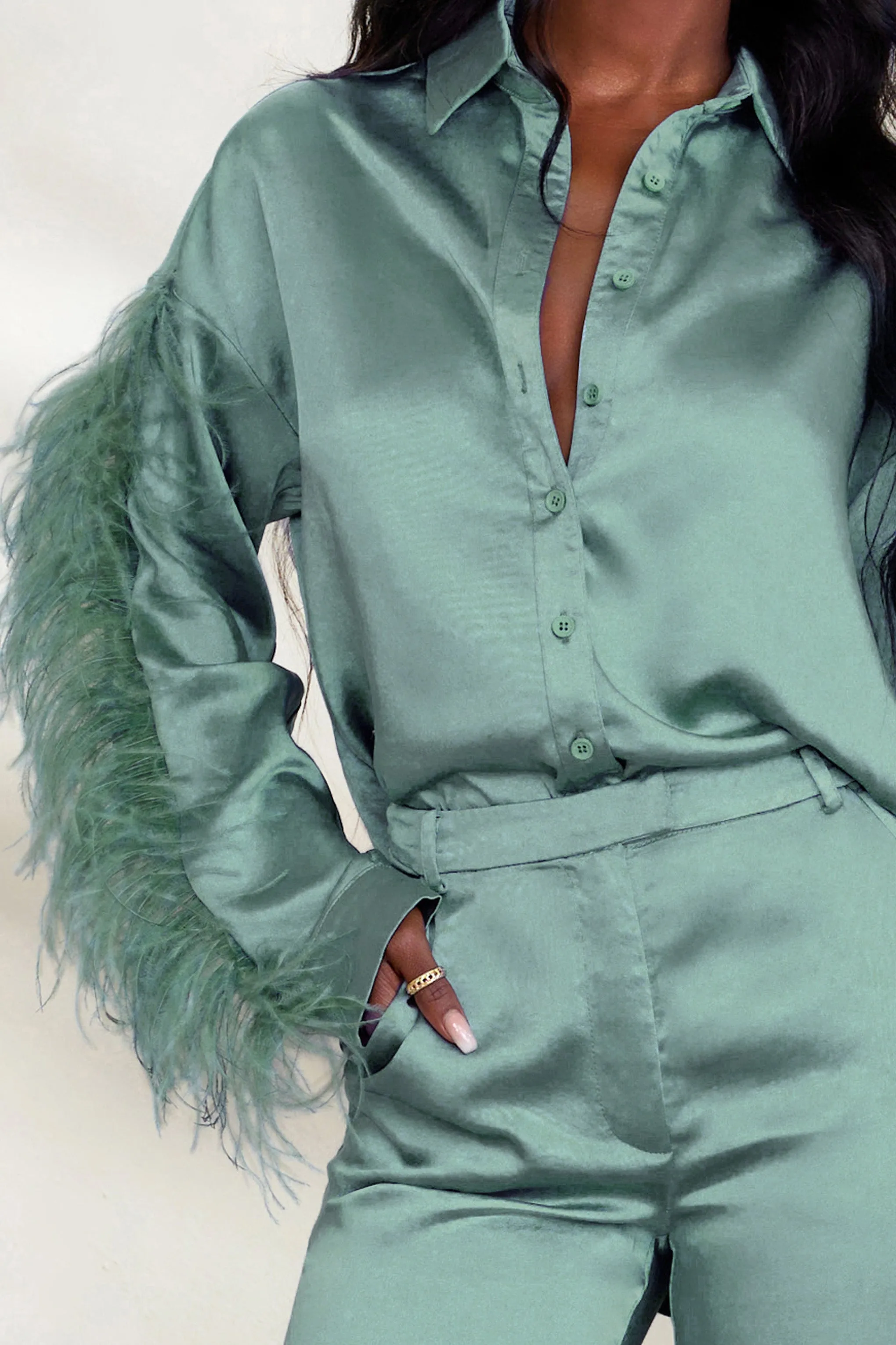 Catch My Eye | Duck Egg Blue Feather Sleeve Satin Shirt