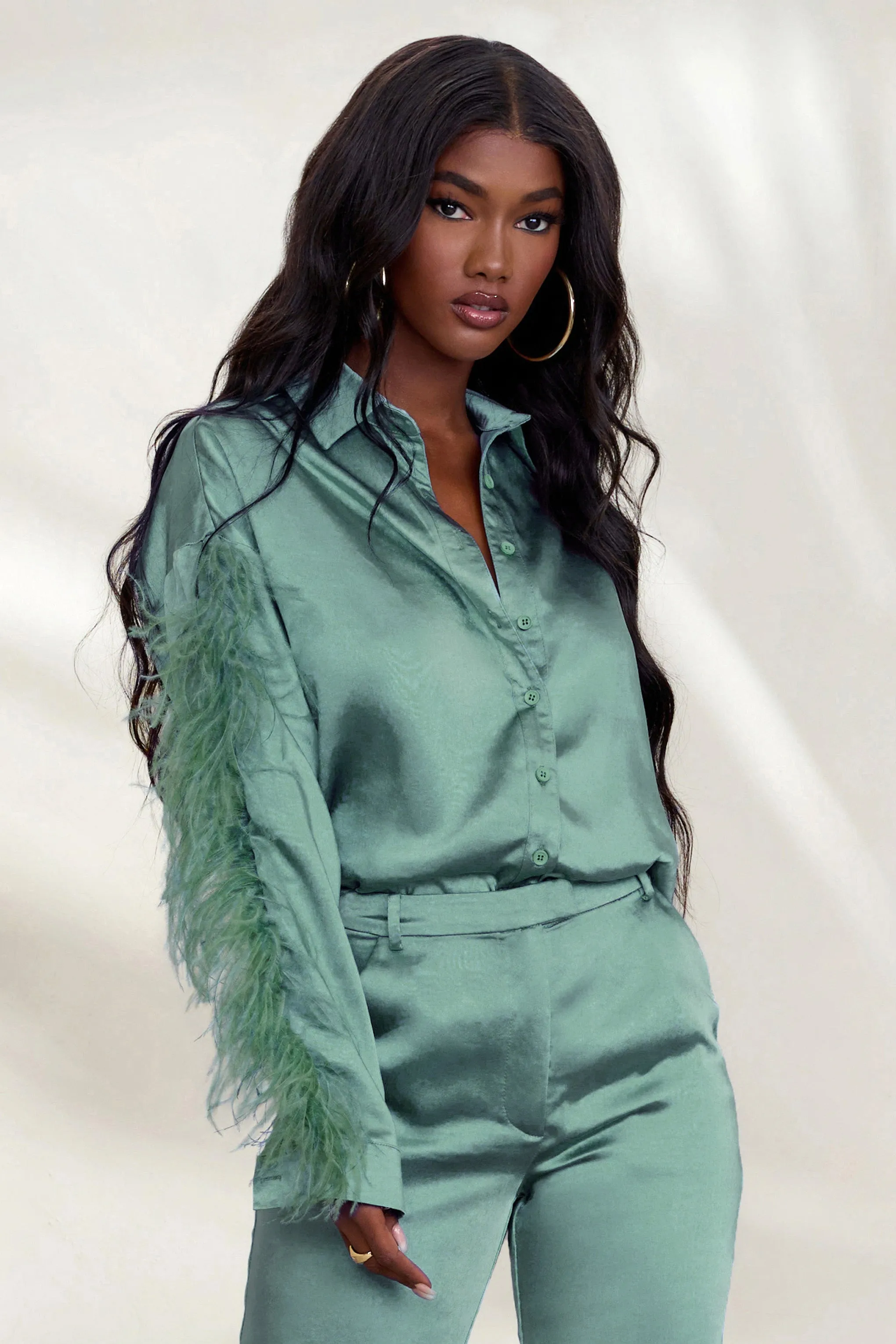 Catch My Eye | Duck Egg Blue Feather Sleeve Satin Shirt