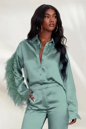 Catch My Eye | Duck Egg Blue Feather Sleeve Satin Shirt