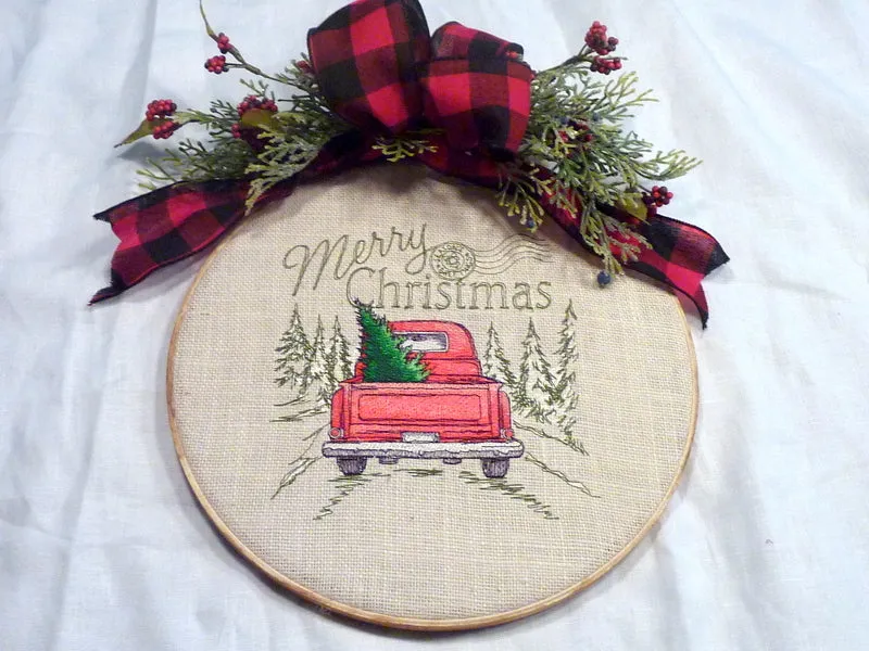 Christmas hoop wreath, farmhouse decor, Red Truck Christmas sign, Farmhouse wreath