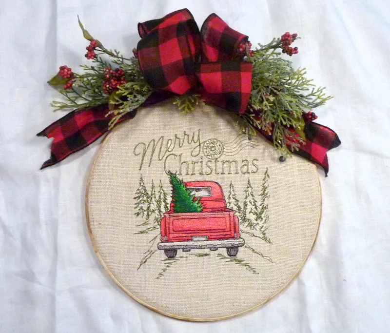 Christmas hoop wreath, farmhouse decor, Red Truck Christmas sign, Farmhouse wreath