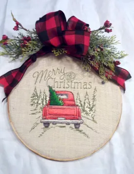 Christmas hoop wreath, farmhouse decor, Red Truck Christmas sign, Farmhouse wreath