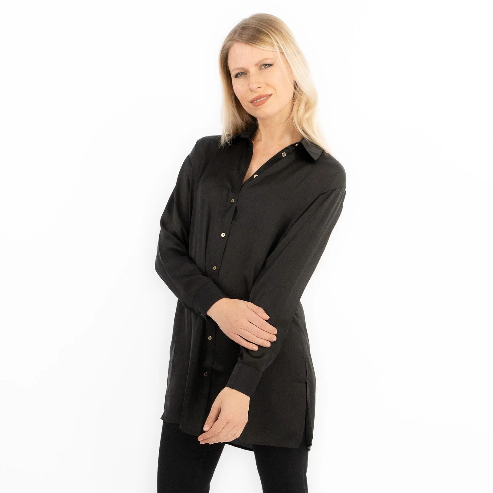 Coast Black Drap Satin Longline Long Sleeve Tunic Shirt