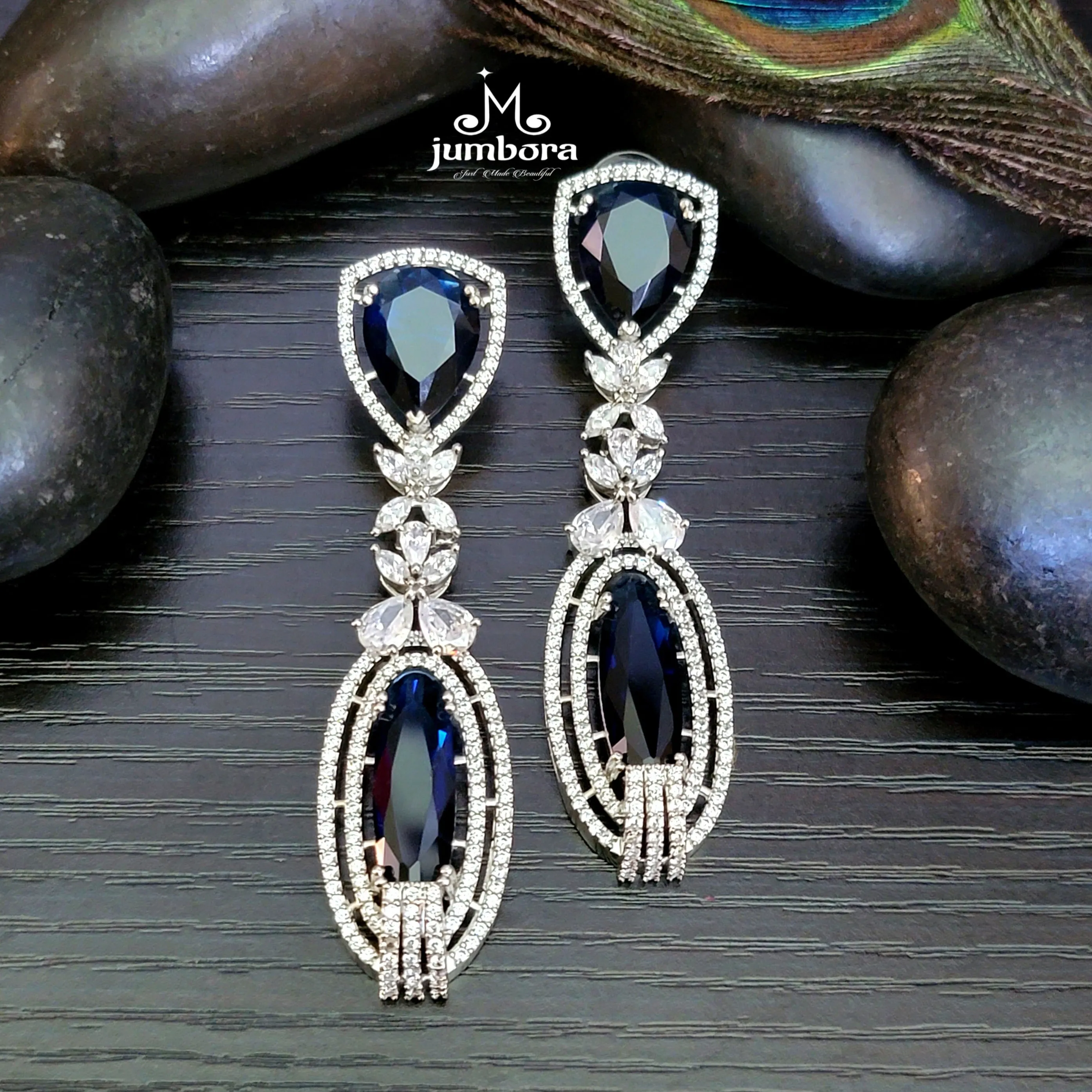 Dark Blue & White Long AD Zircon Earring